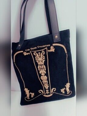 Frick Collection Museum Black Embroidered Canvas Tote with Leather Straps